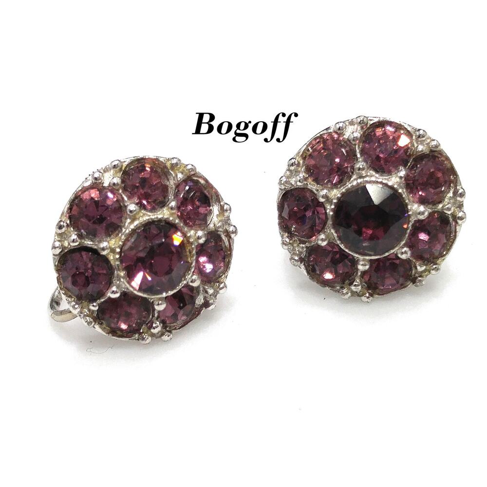 Bogoff Purple Rhinestone Screw Back Earrings, Rhodium Plated, 1940s Vintage